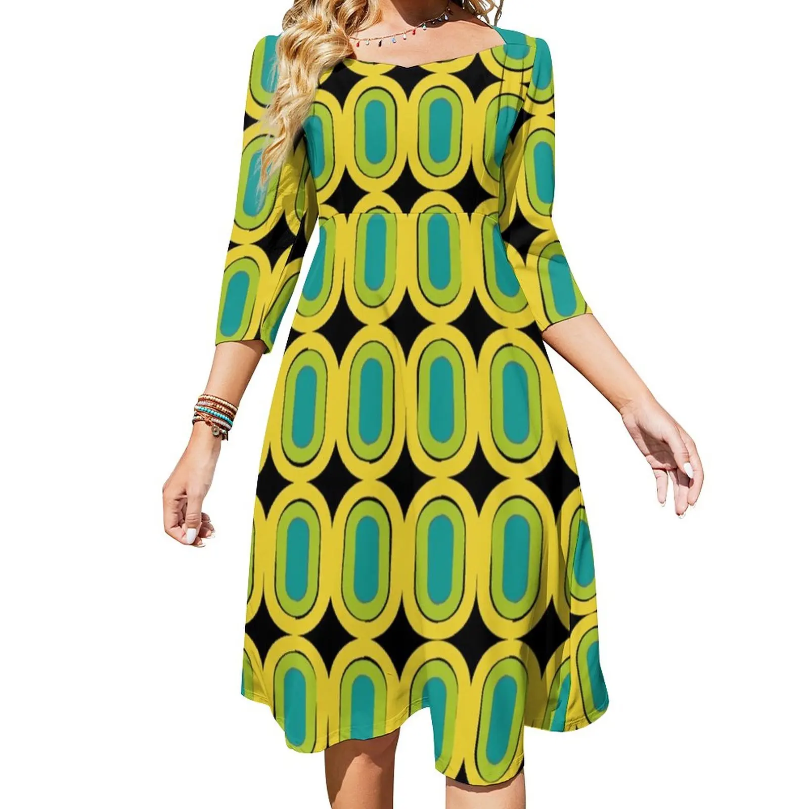 

Женское платье с геометрическим принтом, Повседневное платье большого размера в стиле ретро 60-х годов с принтом, весна