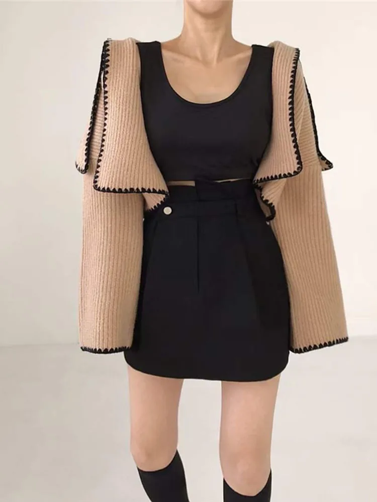 

Korean Women Autumn Winter Sweater French Navy Collar Contrast Color Covered Design Long Sleeve Short Knit Cardigan Top D2022