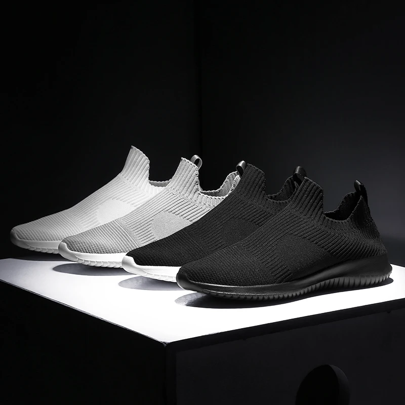 

Solid White Fashion Knitting Casual Shoes Men Super Light Slip-on Shoes Breathable Stretch Socks Sneakers Tenis Masculino Black