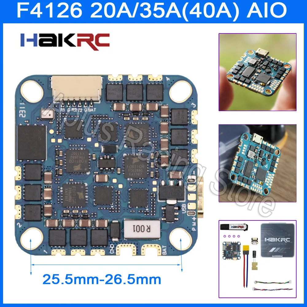 HAKRC F4126 F411 AIO Контроллер полета ICM42688 BLHELI_S 20A/40A(35A) ESC Встроенный OSD барометр Датчик тока для RC FPV дрона HAKRC F4126 F411 AIO Контроллер полета ICM42688 BLHELI_S 20A/40A(35A) ESC Встроенный OSD барометр Датчик тока для RC FPV дрона