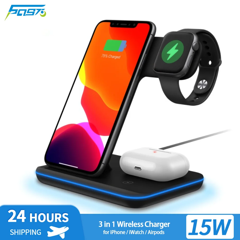 

Беспроводное зарядное устройство 3 в 1, подставка для iPhone 14 13 12 Pro Max Mini Airpods 2/3/Pro iWatch 2-8, 15 Вт
