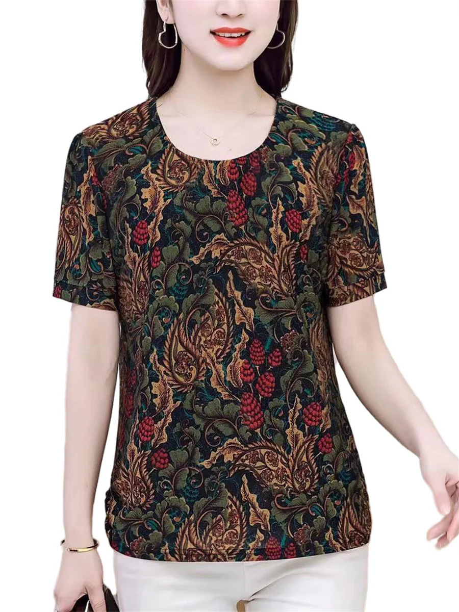 

Блузка женская с коротким рукавом, круглым вырезом и принтом, G2043