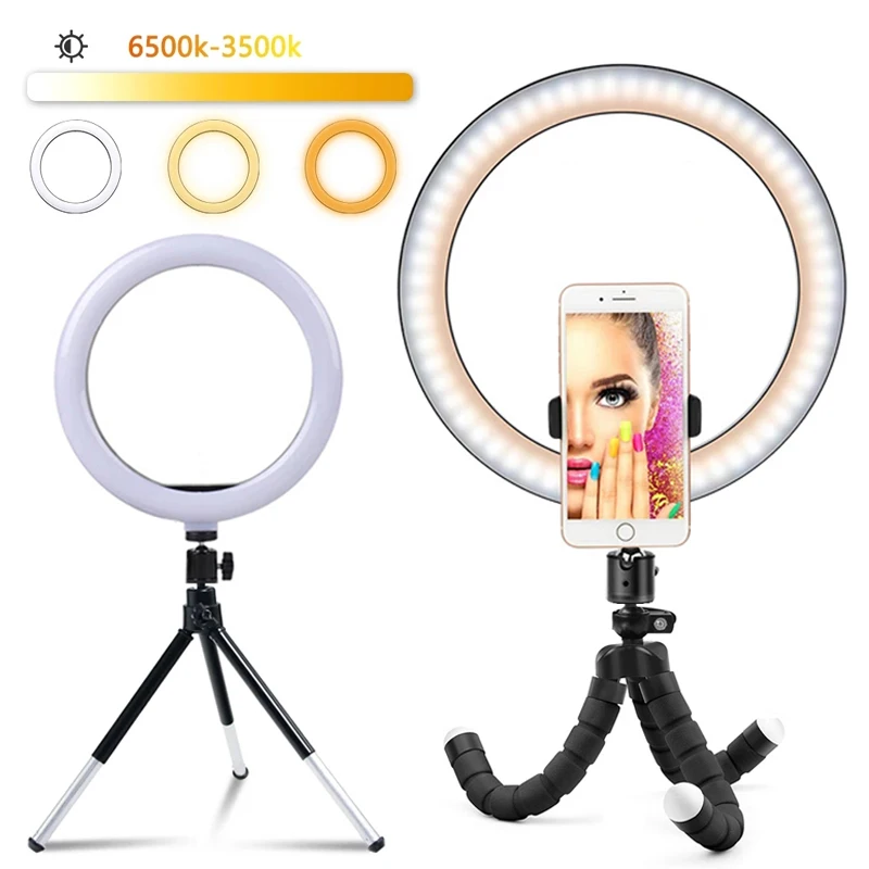 Светильник 6/10 дюймов, светодиодный, кольцевой, с держателем для телефона и Треногой, для TikTok, для живого видео, фотографий, студийный