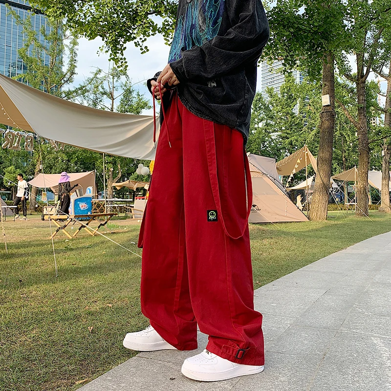 

Мужские повседневные брюки 2022, трендовые прямые брюки с широкими штанинами и съемными ремешками для спецодежды, мужские повседневные брюки...