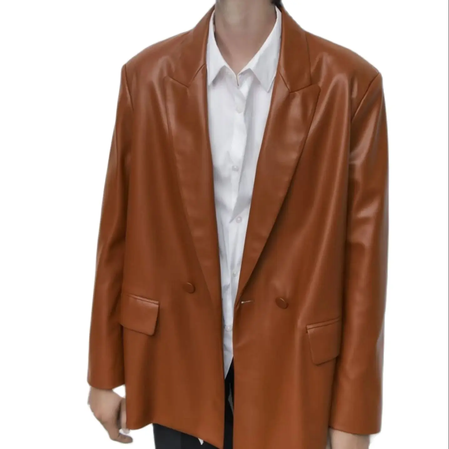 Spring And Autumn Women's Orange Faux Leather Single-Breasted Pocket Design Loose Blazer Fashion Senior Street Style