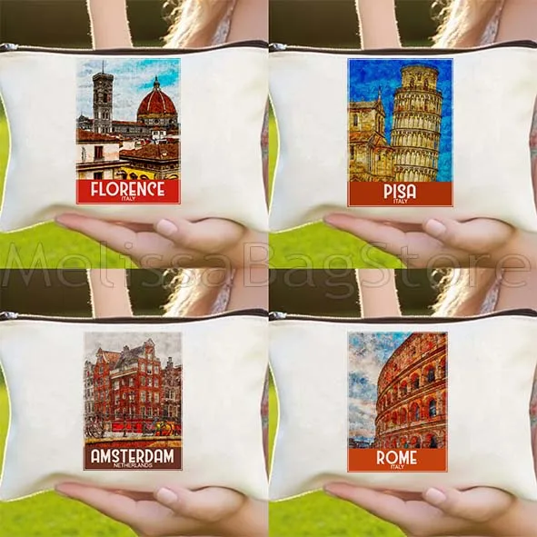 Фото Florence Santorini London Budapest Холщовая косметичка для макияжа Туалетная сумка Пенал на молнии Кошелек для монет Хлопковая сумка №1