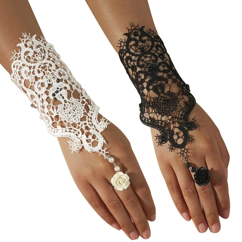 

Hand Ornament Rose Lace Bracelet Vampire Medieval Finger Ring Gloves for Women DXAA