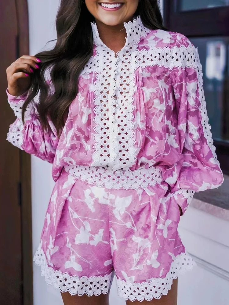 VGH комплект из двух предметов с принтом для женщин воротник-стойка рукав-фонарик