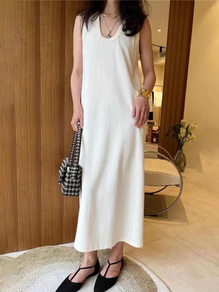 

New In Solid Color Square-collar Tank Dress Summer Simple Niche Design Casual Sleeveless Loose Long Cotton Dress Vacation
