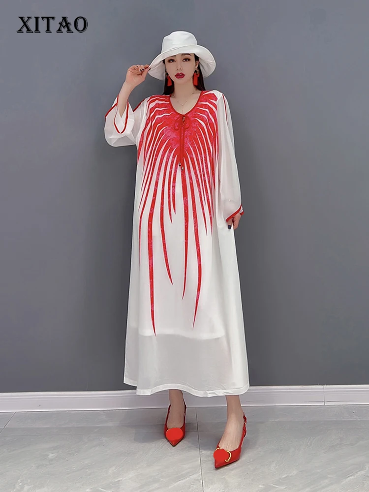 

XITAO Fashion Contrast Color Print Dress Loose Casual Bandage O-neck Collar Pullover Dress Simplicity Temperament New WMD5438