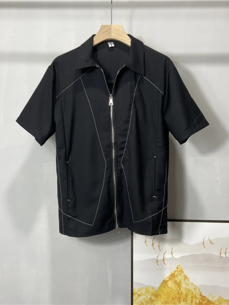 

Men's Loose Short Sleeve Zipper Shirt 2022 Summer New Lapel Personalized Crimping Strip Black Large Top