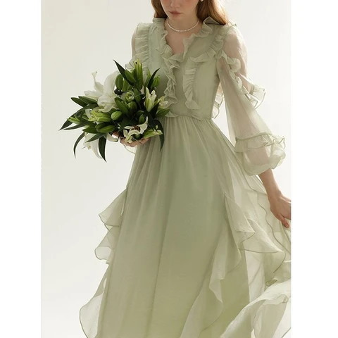 Spring Summer New Fairy Ruffles V-neck Mesh Dress Ladies Temperament Waist Sweet Vestidos De Fiesta Robe Femme Women's Clothing