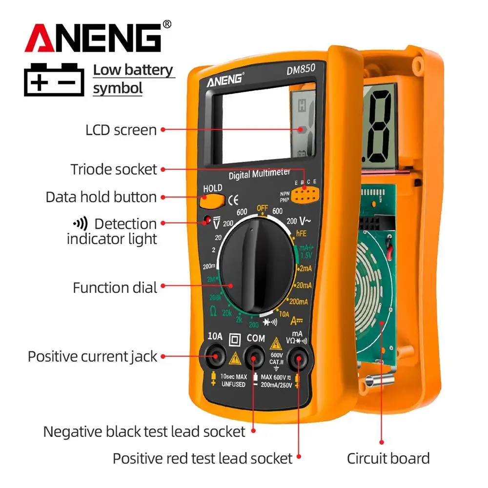 

ANENG DM850 Eletrical Digital 1999 Counts Professional Multimeter Auto AC/DC Votage tester Ohm Current Ammeter Detector Tool