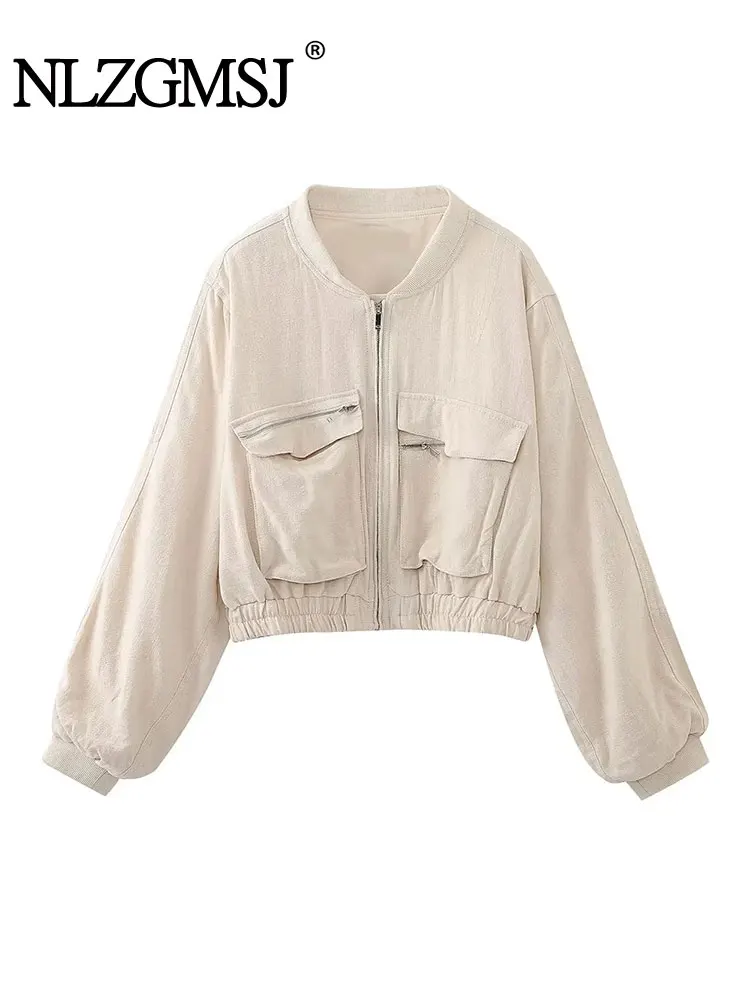 

Nlzgmsj TRAF Vintage Solid Long Sleeve Bomber Jacket Spring Autumn Women Casual Coats Streetwear 2023 Female Elegant Jacket