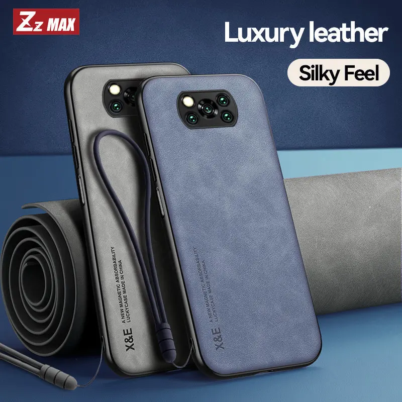 

For Xiaomi Poco X3/X3 Pro/X3 NFC Luxury Case Simple Plain Non-Slip Magnetic Leather Back Cover Phone Case With Lanyard