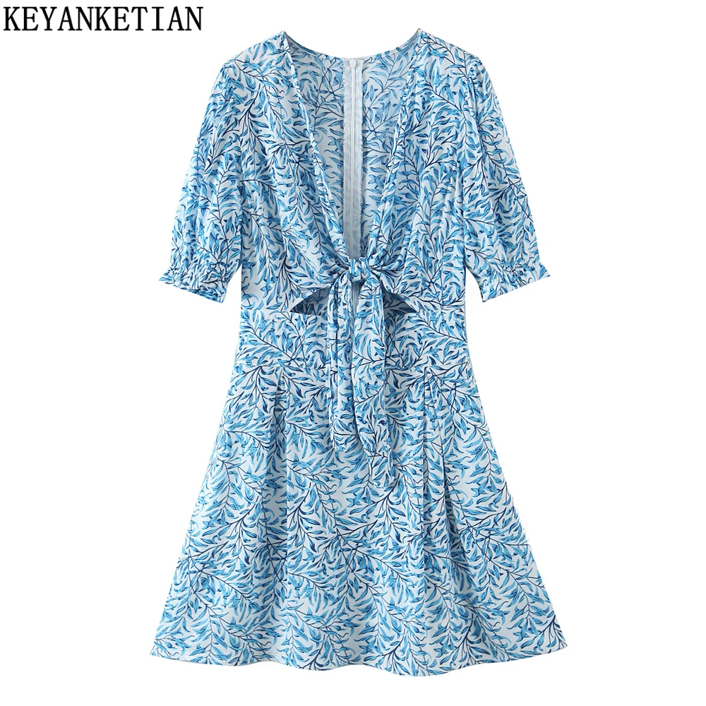 

KEYANKETIAN Ladies Cutout Knot Tie Print Dress Female Summer Dress V-Neck Short Sleeve Slim Fit Vacation A-Line Mini Skirt