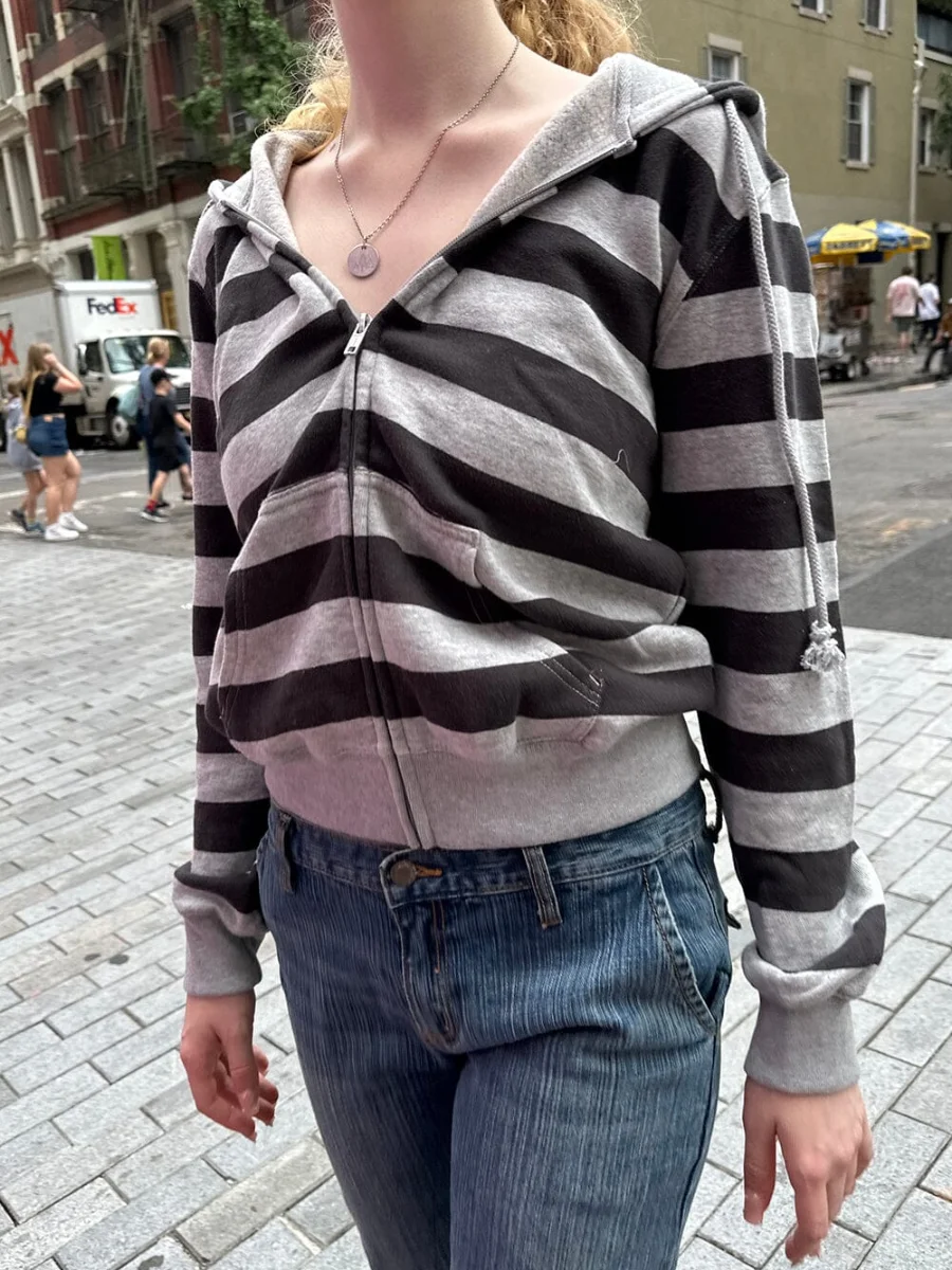 Винтажная Толстовка в полоску на молнии женское хлопковое пальто с длинным