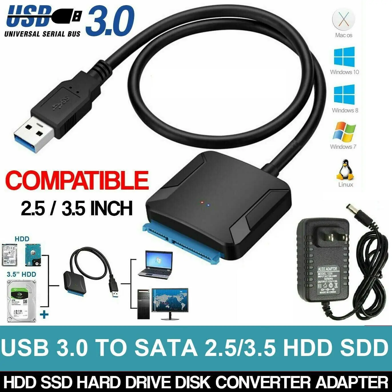

Gtwoilt USB 3.0 to SATA III Adapter for 2.5" 3.5" SSD HDD Hard Drive with 12V/2A Power SATA Cable for Laptops PC Window