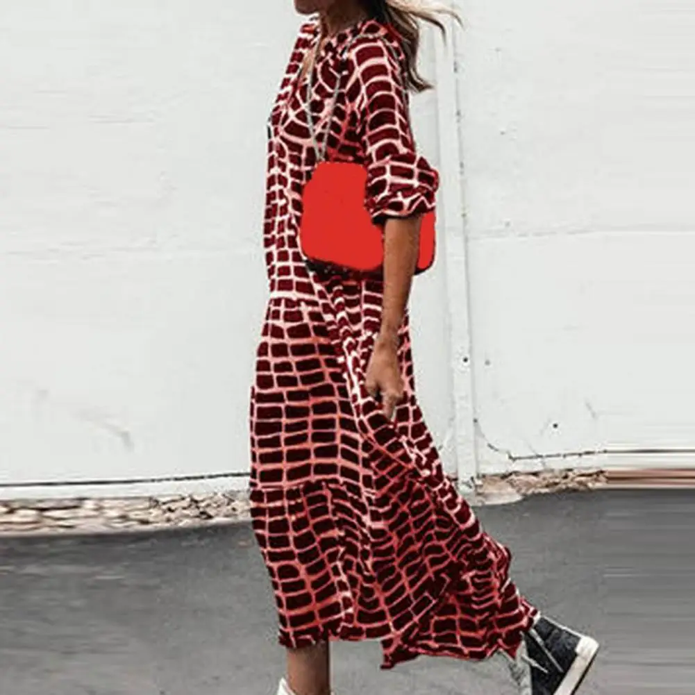 

Long Dress V Neck Autumn Dress Loose Plaid Print Beach Maxi Dress