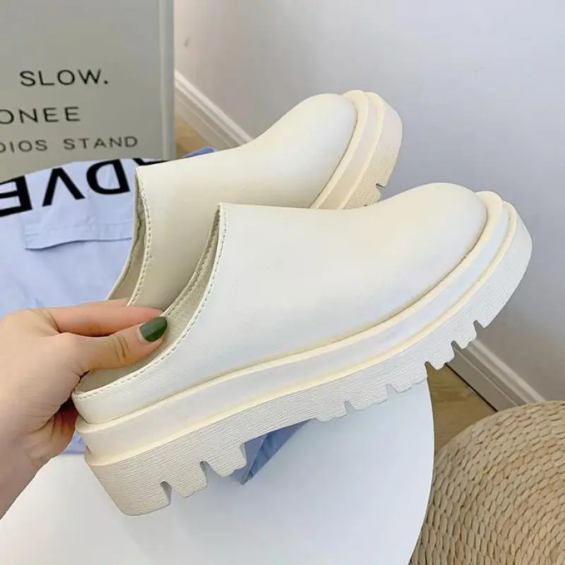

Women Slippers 2022 Summer Fashion Closed Toe Leather Shoes High Platform Black Heels Wedges Indoor