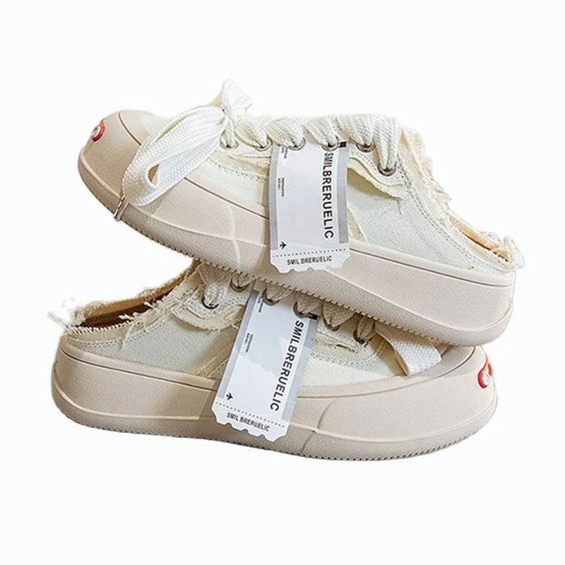 

Canvas Half Slippers Women's 2023 Summer Thick Bottom Lace-up Casual Board Shoes Versatile Wide Shoes