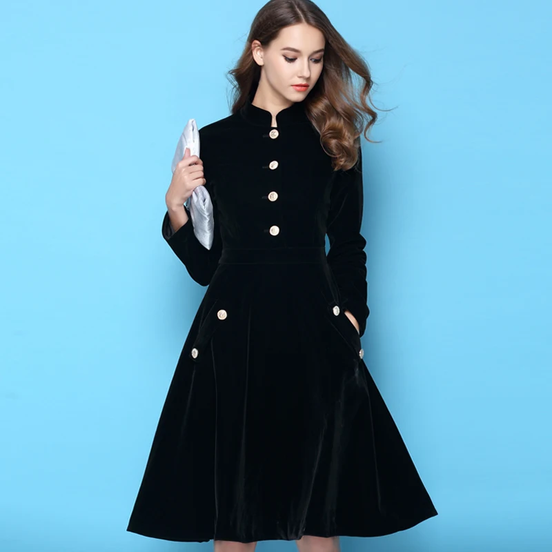 

Новинка 2022, осенне-зимнее женское черное тонкое бархатное платье в европейском и американском стиле Хепберн с воротником в стиле ретро