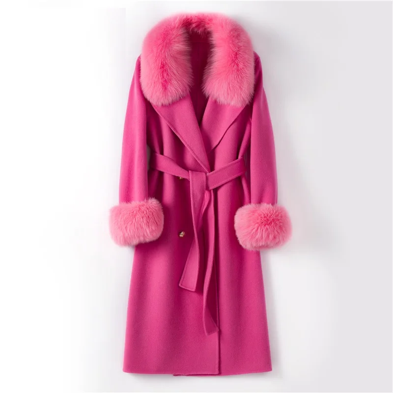 Luxury Real Fur Long Coat Women Winter Natural Fox Fur Collar Jacket Cashmere Wool Blends Warmth Outerwear Ladies Streetwear