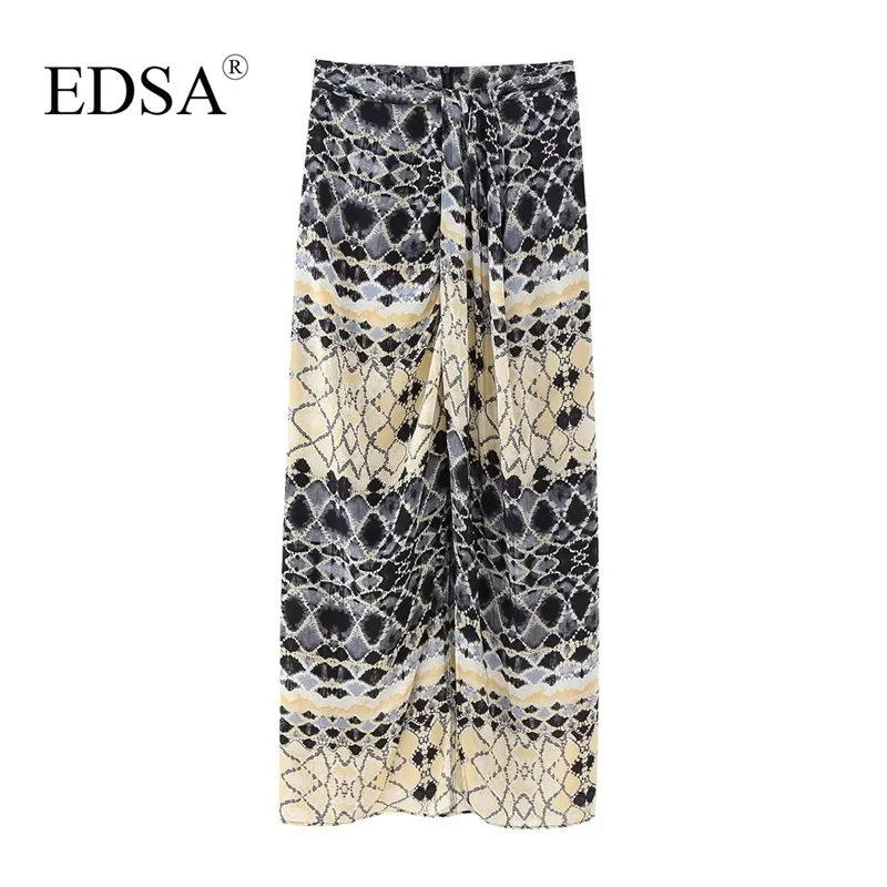 

EDSA Women Elegant Long Printed High Waist Skirt 2023 Summer Front Gathered Slit at Hem Invisible Back Zip Streetwear