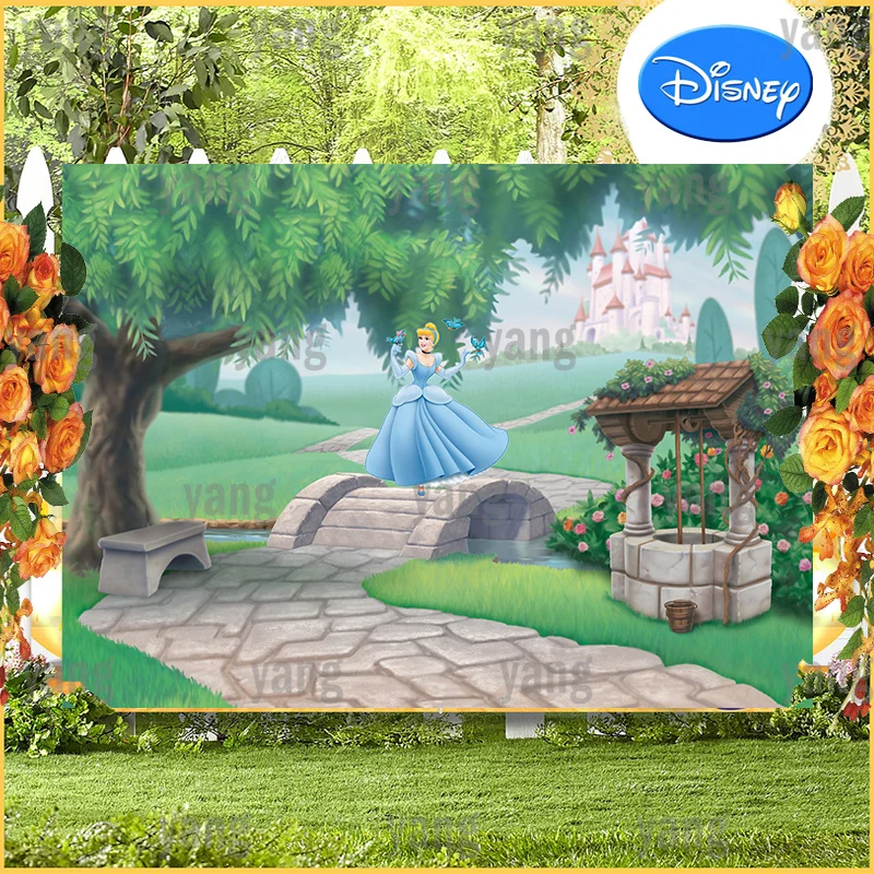 

Custom Cartoon Disney Lovely Cinderella Princess Romantic Garden And Castle Backdrop Girls Birthday Party Photography Background