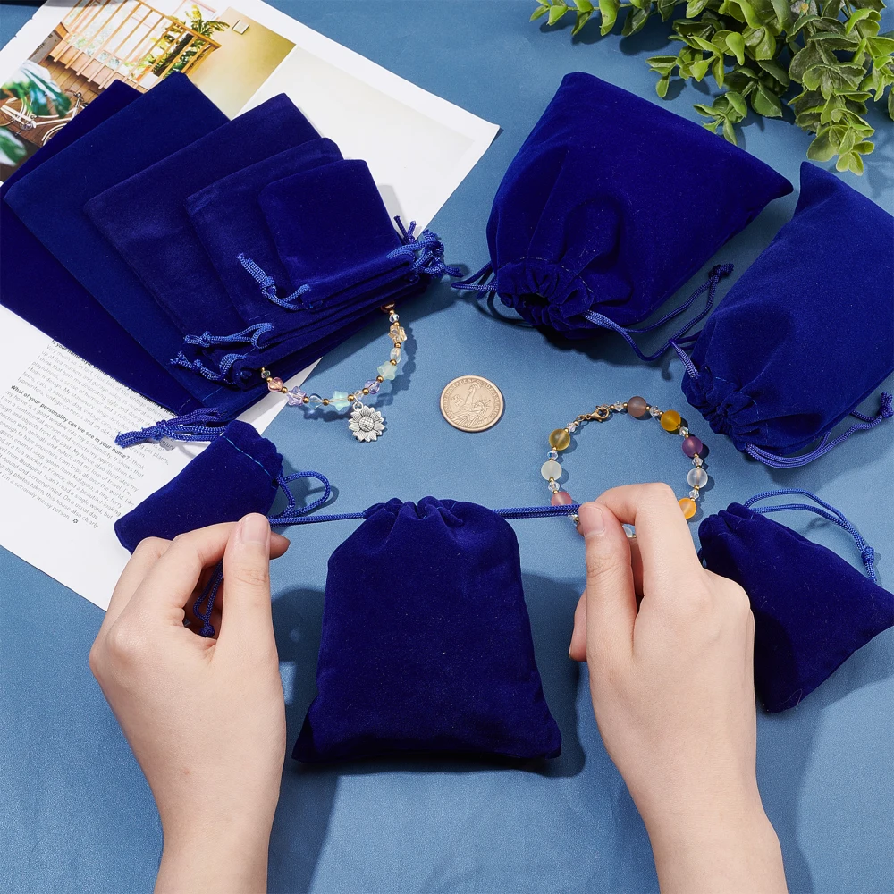 40Pcs Dark Blue Velvet Pouches Portable Drawstring Bags Jewelry Storage Sack Party Wedding Christmas Favors Packing Gift Bag
