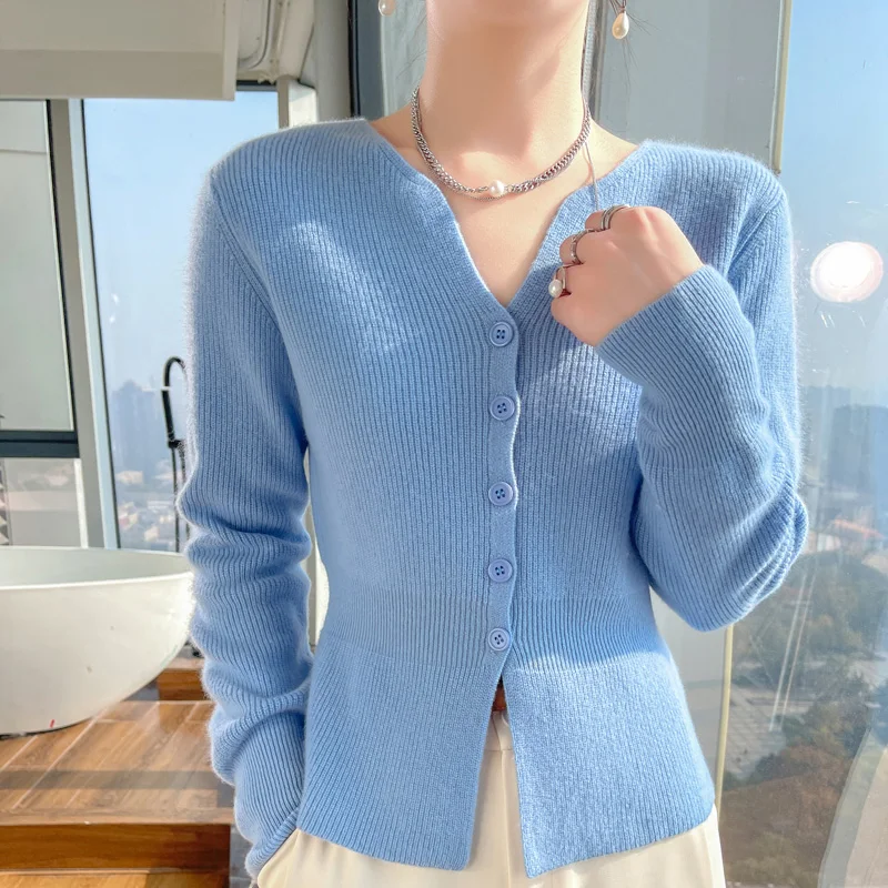 Однотонная Корейская блузка на пуговицах с V-образным вырезом новинка кардиган в