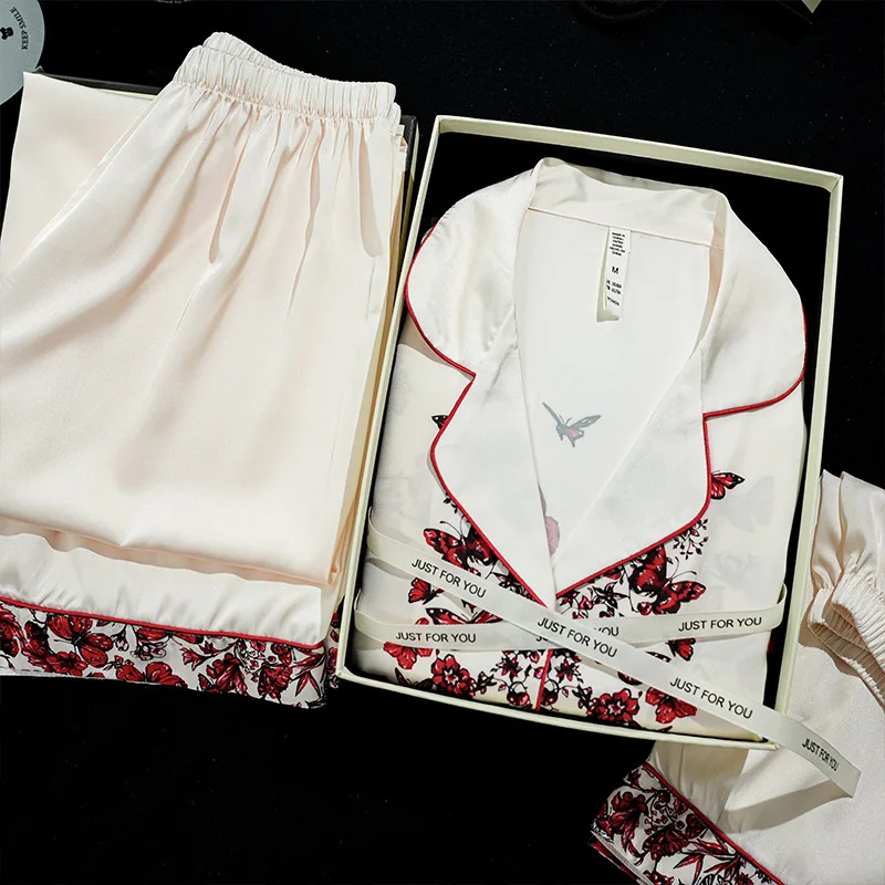 2024 всесезонная пижама из трех предметов ледяного шелка женский комплект с