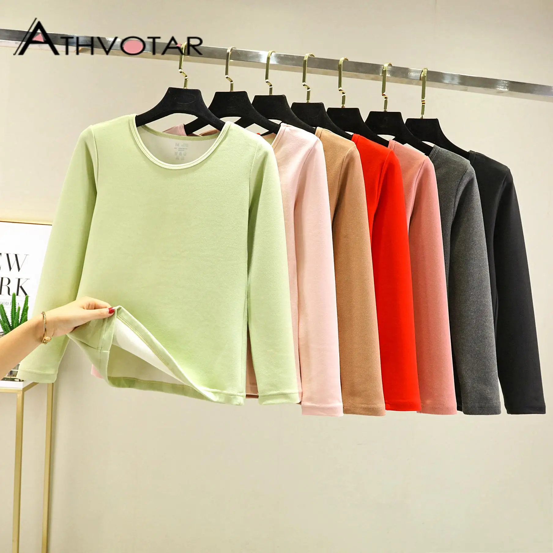 ATHVOTAR Thermal Underwear Tops Winter Velvet Thick Warm Round Neck Long Sleeve T-Shirt Solid Soft Slim Blouse Underwear Tops