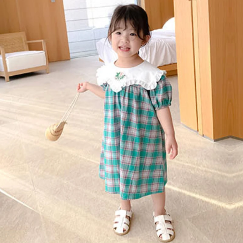 

Dress Girls Clothes Doll Collar Fashion Sweet Embroidered Striped Plaid Casual Princess Dresses Korean quality Children Clothing