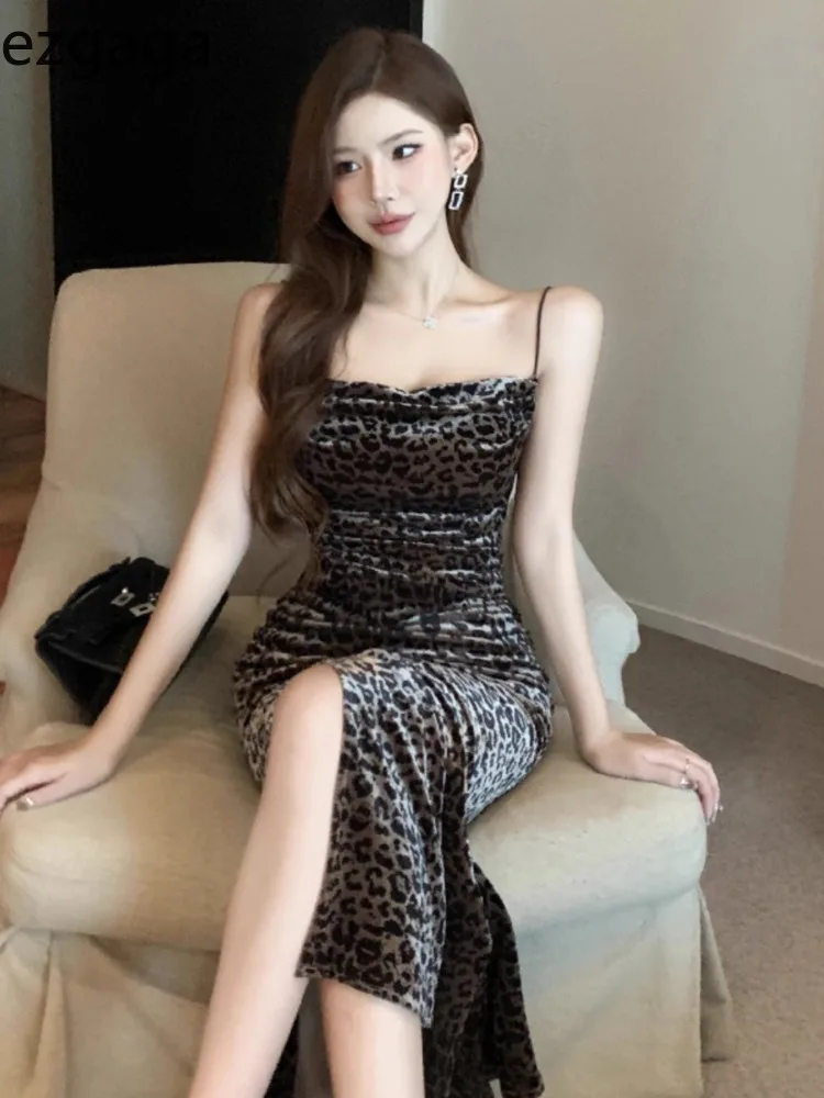 Ezgaga леопардовые платья для женщин винтажное сексуальное бархатное платье без