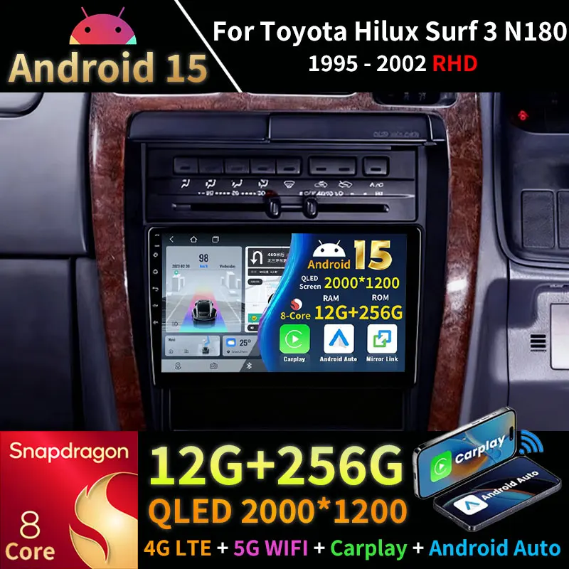 Фото Автомобильный радиоприемник Android 15 для Toyota Hilux Surf 3 N180 1995-2002 RHD Беспроводной Carplay BT GPS Мультимедийный видеоплеер Navi Головное устройство №1
