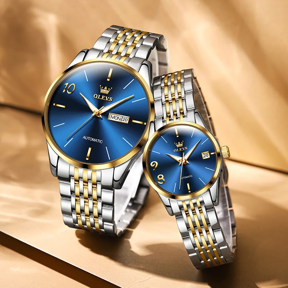 OLEVS New Fashion Couple Mechanical Watches Waterproof Luminous Luxury Couple Watch Stainless Steel Strap Automatic Wristwatch