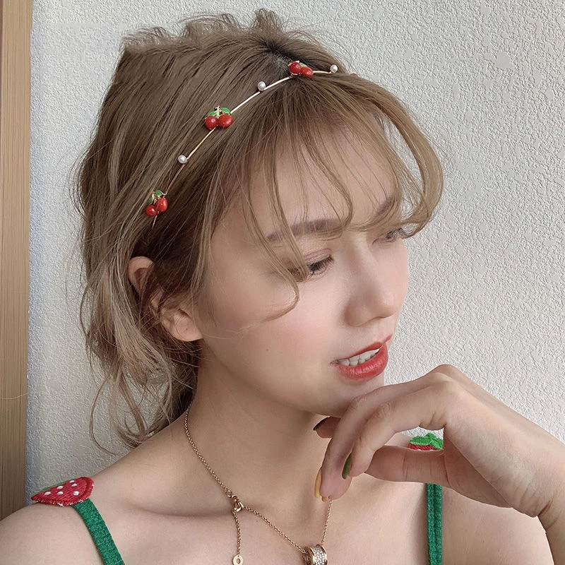 Lystrfac Korean Cute Cherry Alloy Pearl Headband for Women Girls Strawberry Flower Hairband Thin Hair Hoop Hair Accessories