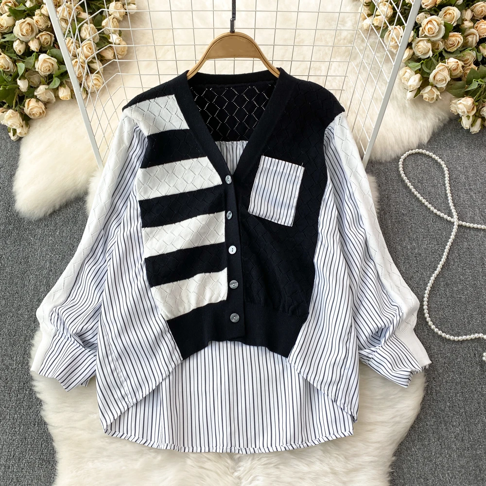 

Clothland Women Elegant Striped Patchwork Blouse Spliced Long Sleeve Knitting Shirt Loose Fashion Tops Blusa LA949