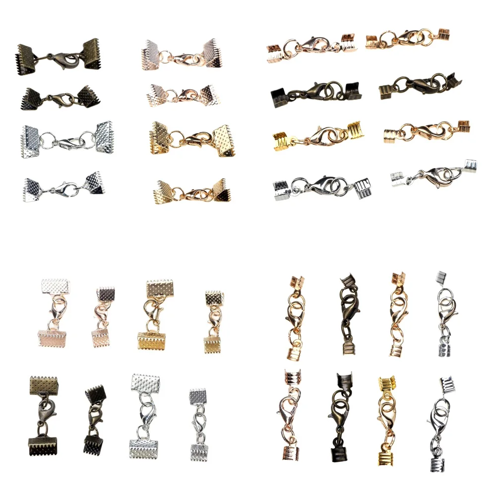 

12Set/Lot Ribbon Leather Cord End Fastener Clasps With Chains Lobster Clasps Connectors For Bracelet Diy Jewelry Making Findings