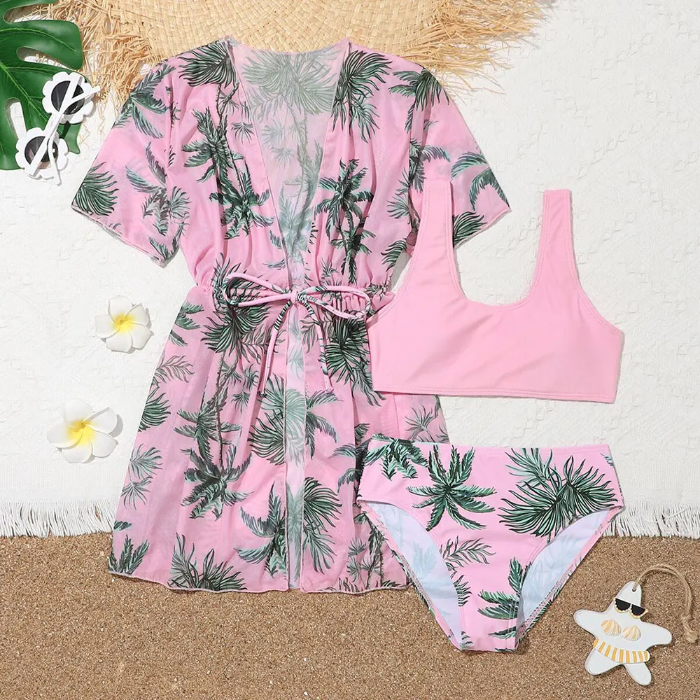 

3pack Girls Tropical Print Bikini Swimsuit Kids with Mesh Cover Up 7-12 Years Children's Swimwear Kimono 2023 Swim Bathing Suit