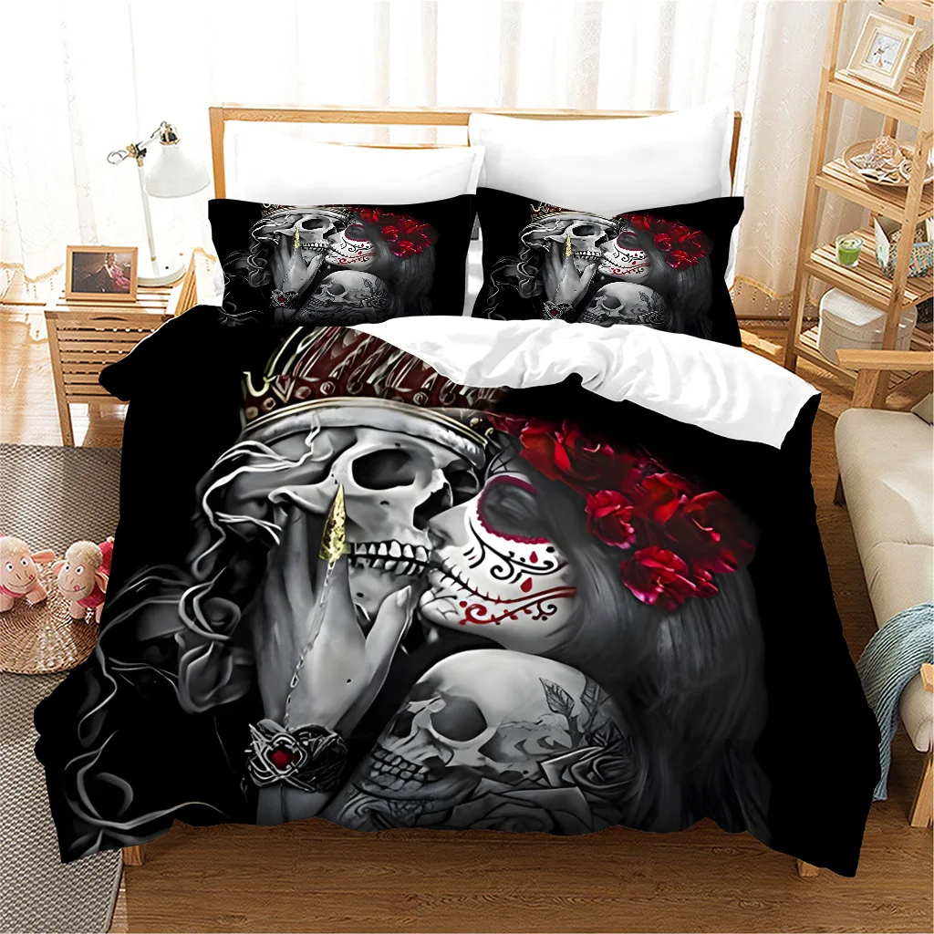 

3D Black Horror Funny Skeleton Couple kissing Design Skull Bedding Sets Single Double Bed Duvet Cover Set and 2 pcs Pillow cover