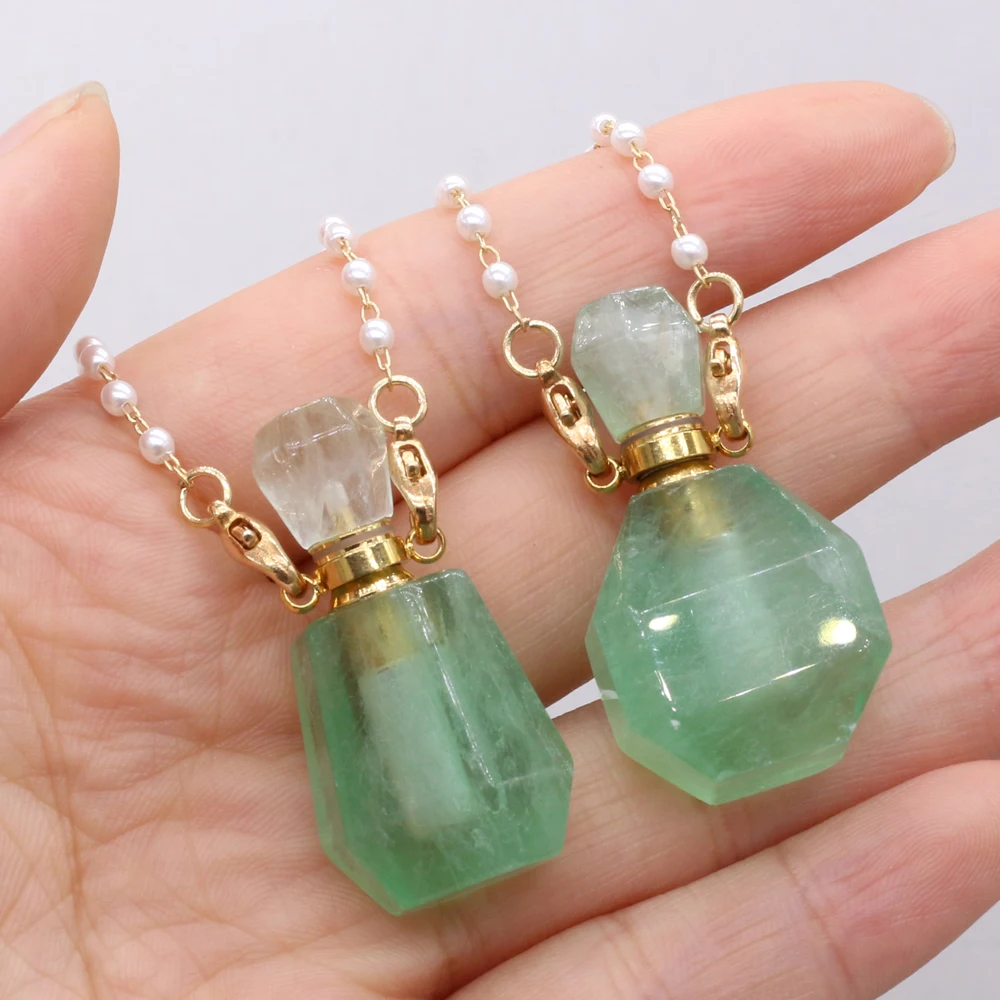 

Natural Stone Pendant Necklace Green Aventurine Perfume Bottle Charms For Elegant Women Essential Oil Vial Jewelry 80 CM