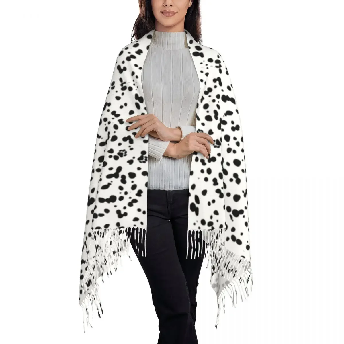 Шарф унисекс с длинной кисточкой черный и белый теплый шарф принтом