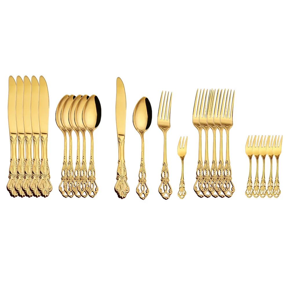 

24pcs Stainless Steel Cutlery Set Gold Dinnerware Western Food Royal Tableware Party Fruit Forks Knives Coffee Spoons Gift