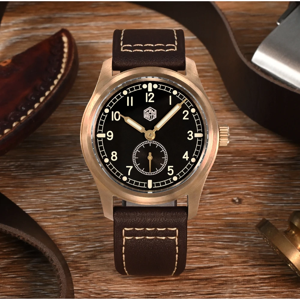 

San Martin 37mm Bronze Pilot RONDA 6004 Men Watch Vintage Military Simple Fashion Style Quartz Clock Leather 10 Bar Relojes