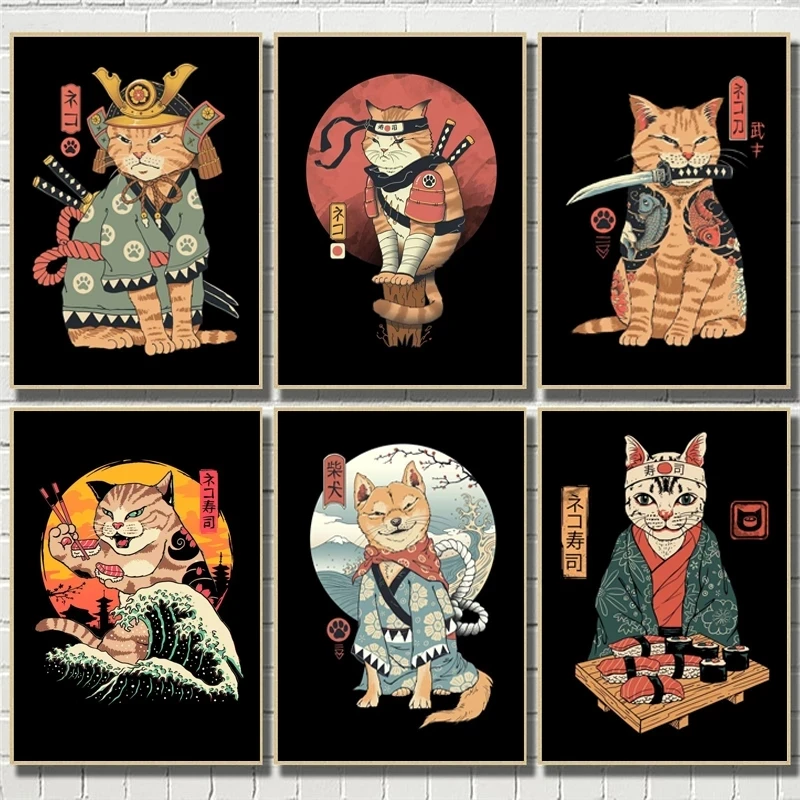 Мультяшный японский самурайский Кот Картина на холсте фотообои для гостиной