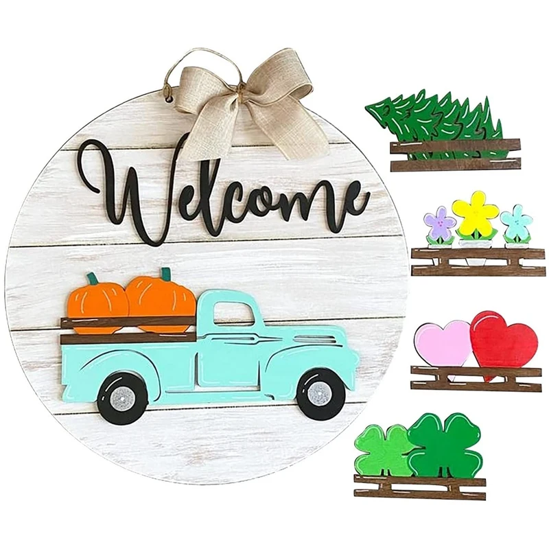 

Retro Seasonal Welcome Sign,Interchangeable Front Door Welcome Sign Wreath,Truck-Shaped Farmhouse Front Door Decor