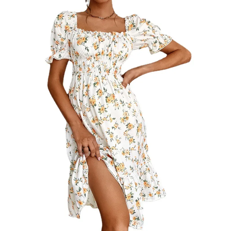 

OUSLEE Retro Square Neck Printed Summer Dress Women Puff Sleeve Ruffles Dress Ruched Mini Allover Floral Flounce Sleeve Dress