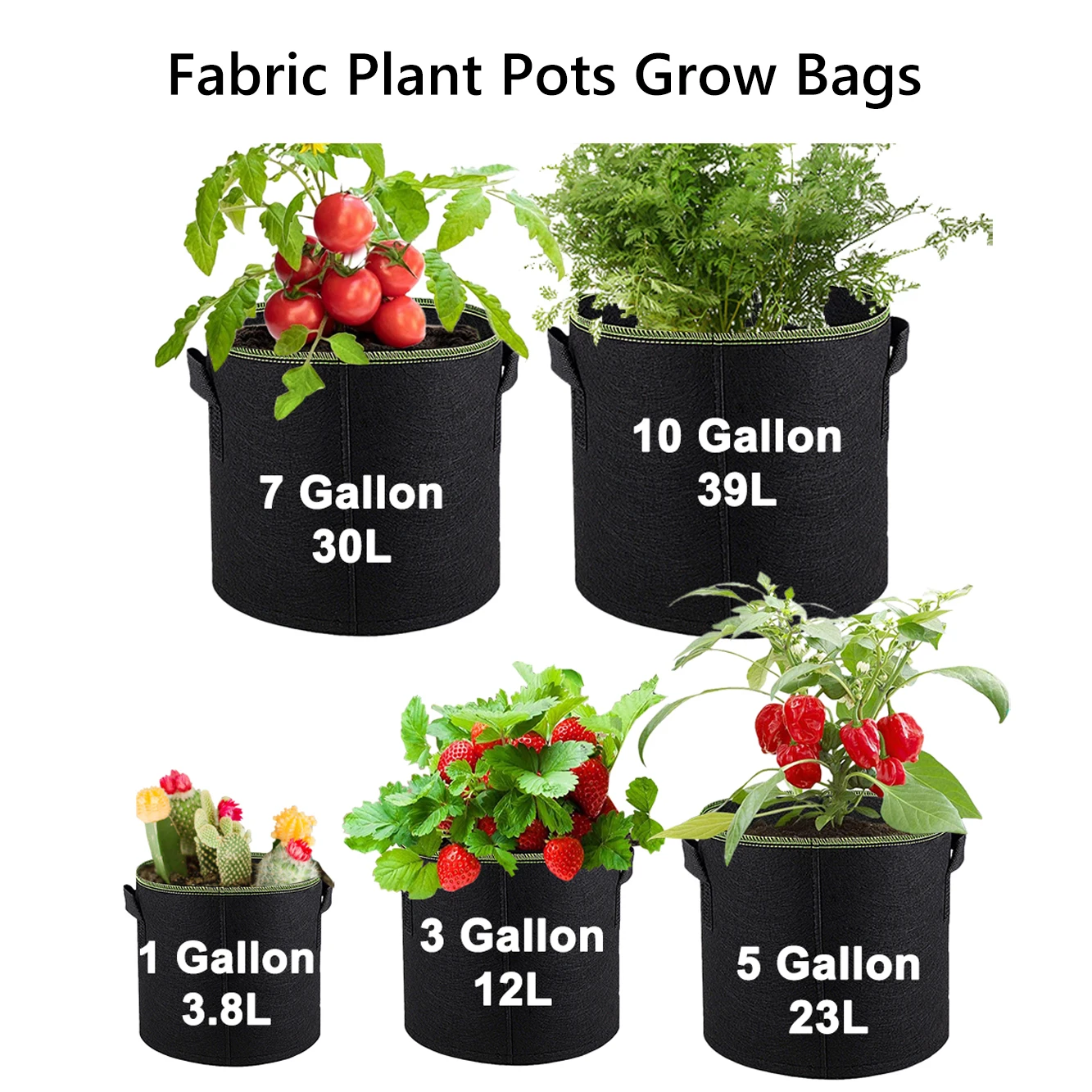 

5 Pcs 1/3/5/7/10 Gallon Fabric Plant Pots Grow Bags Felt Plant Bag Vegetable Flower Tomato Strawberry Handles Gardening Aeration
